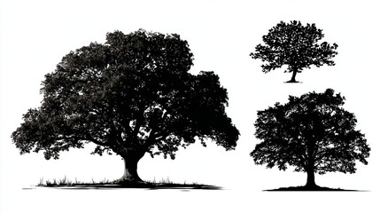 Poster - Three tree silhouettes in black on a white background with grass at the base of one