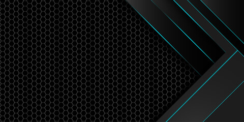 Poster - Hexagonal abstract metal background with blue light for wide banner.  Modern technology innovation concept background. design element cutout style concept for banner, flyer, card, or brochure cover. 