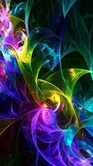 Poster - Abstract fractal art with swirling transparent textures in blue, green, yellow, and purple hues, creating a dynamic and colorful design.