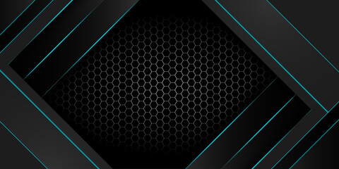 Poster - Hexagonal abstract metal background with blue light for wide banner.  Modern technology innovation concept background. design element cutout style concept for banner, flyer, card, or brochure cover. 