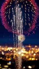 Poster - Brilliant fireworks explode above a blurred city skyline during celebratory event at night creating festive atmosphere.