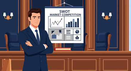 Poster - Confident Businessman Reviewing Swot Market Competition Presentation Board