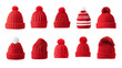 © Aoun - Set of cozy red and white knitted winter hats in various styles isolated on white background