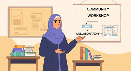 Poster - Muslim Woman Presenting Community Workshop And Business Collaboration Strategy