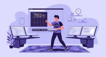Poster - Web Developer Working On Responsive Website Design In Modern Office