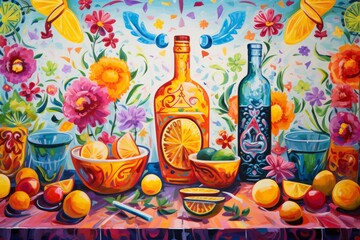 Poster - Vibrant still life painting bursting with color, featuring bottles, citrus fruits, flowers, and decorative bowls, in a festive and celebratory style