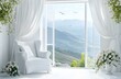 © DesignHubpro - A room decorated with flowers with a white armchair in the corner of the room in a peaceful atmosphere. Perfect for a little rest and the mountain environment through the window calms the mind.