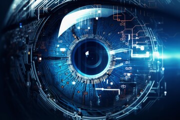 Poster - Close up of a futuristic electronic eye, blending biology and technology, symbolizing concepts of surveillance, artificial intelligence, and the future of vision