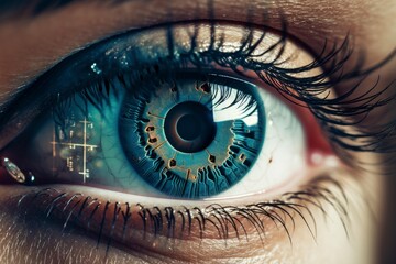 Poster - Close up of an eye with futuristic digital circuitry integrated, showcasing advanced technology and vision of the future