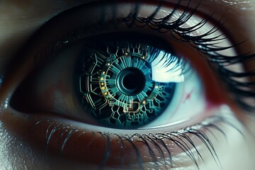 Poster - Human eye with integrated circuits demonstrating the future of technology and artificial intelligence