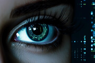 Poster - Close up of a futuristic eye reflecting digital data and information, highlighting the connection between humans and technology