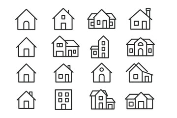 Fototapete - House icons set. Real estate building and home collection. Outline property symbols for web design. Architecture residential linear pictogram bundle. Vector graphic.