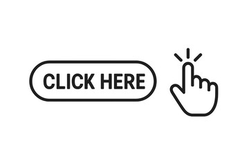 Fototapete - Click here button vector icon set. Hand cursor pointer clicking on a web button. User interface element for website design. Call to action (CTA) linear graphic element.