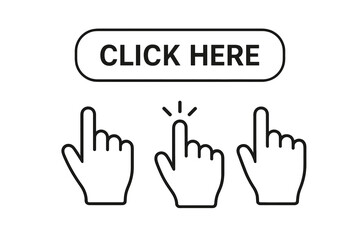 Fototapete - Click here web button. Hand cursor pointer icon set. Finger press or tap symbol. Call to action element for website user interface design. Isolated vector illustration.