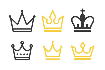 Crown icon set. Royal king or queen crowns collection. Luxury logo element. Heraldic monarch symbol of power and majesty. Golden and black silhouette vector illustration.