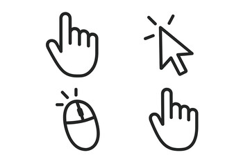 Fototapete - Click cursor icon set with hand pointer, arrow, and computer mouse symbols. Web button press collection. Black outline line art vector for UI UX design. Tap and select.