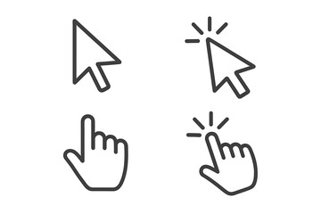 Fototapete - Cursor icon set with arrow and hand pointers. Click and press action symbols for web design. UI and UX interface elements. Vector illustration for website button or link.