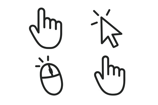 Click cursor icon set with hand pointer, arrow, and computer mouse symbols. Web button press collection. Black outline line art vector for UI UX design. Tap and select.