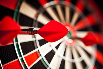 Poster - Red dart flying towards dartboard, demonstrating accuracy, focus and precision in achieving goals