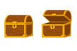© jasmine - Vector illustration of open and closed wooden treasure chests. Concept for pirate games, adventure, mystery, and rewards. Empty antique box with gold lock isolated set.