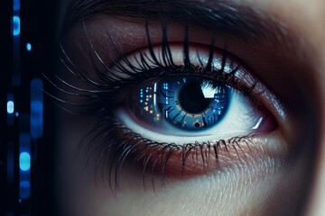 Poster - Close up of a woman's eye reflecting intricate digital circuitry, symbolizing the fusion of technology and humanity in a futuristic context
