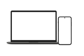 Fototapete - Laptop computer and smartphone with blank screen mockup. Modern mobile phone and pc device with empty display for UI, UX, app or website design. Isolated vector set.