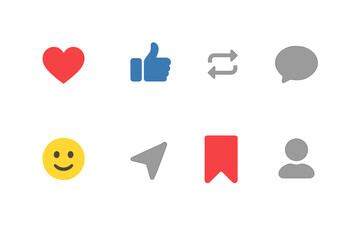 Fototapete - Social media icons set. Like, love, heart, thumb up, comment, share, save, repost, user profile and emoji reaction buttons. Vector illustration for app and web UI design.
