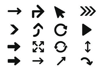 Fototapete - Arrow icon set collection. Black vector symbols for web design and user interface. Navigation, direction, pointer, cursor, refresh, play, and full screen signs.