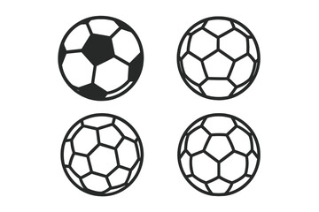 Fototapete - Soccer ball and football icon set. Simple black and white vector line art graphic. Sport game equipment symbol for championship or competition. Isolated outline illustration.