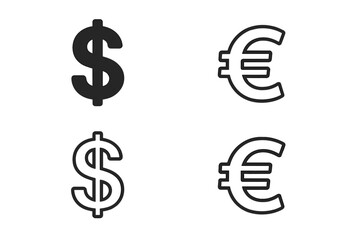 Poster - Dollar and euro currency symbols icon set. Vector illustration of money signs in solid and outline style. Finance, business, and exchange concept for web and app design.