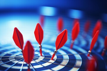 Poster - Red darts hitting the center of a target on a blue dartboard, representing achieving a goal, success, and precision