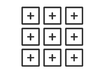Fototapete - Grid of squares with plus signs icon. Concept of adding, more options, or expanding a menu. Minimalist line art for UI/UX design, web button, app interface. Vector.