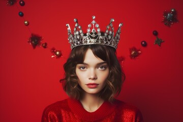 Poster - Portrait of beautiful young woman wearing silver crown and red sweater posing on red christmas background