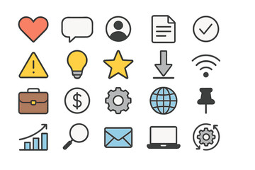Fototapete - Universal icon set for business and technology. Colorful line pictograms for web design, UI, UX. Heart, message, profile, download, money, chart, search, computer icons.