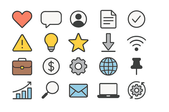 Universal icon set for business and technology. Colorful line pictograms for web design, UI, UX. Heart, message, profile, download, money, chart, search, computer icons.