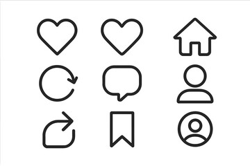 Fototapete - Social media icon set. Like, heart, home, repost, comment, follower, share, save, and stories buttons. User interface signs for web and app design. Vector line art.
