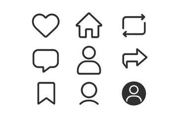 Fototapete - A comprehensive collection of social media interface icons. This vector set includes essential line art symbols like heart, comment, share, save, repost, home, and user profile.