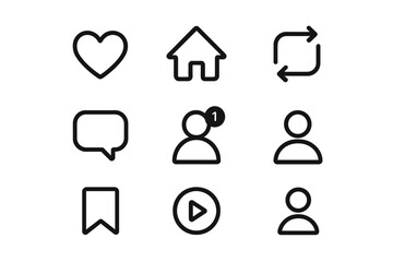 Fototapete - Social media icons set. Like, love, heart, home, repost, share, comment, new follower notification, and save button signs. User interface web and mobile app elements.