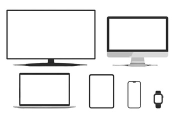 Poster - Realistic device mockup set featuring TV, computer, laptop, tablet, smartphone, and smartwatch. Big collection of technology gadgets with blank screens for presentation.