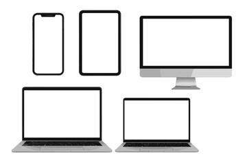 Poster - Realistic device mockup set 2024. Laptop, computer monitor, tablet, and smartphone with blank white screen for presentation. Vector illustration isolated on background.