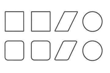 Fototapete - Geometric shapes icon set. Basic minimal line art collection with square, rectangle, circle, and parallelogram. Sharp and rounded corner versions. Vector illustration.