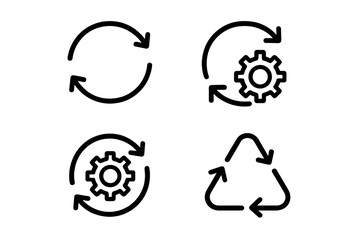 Fototapete - Sync process icon set with reload, refresh, and update symbols. Circle arrow with gear for automation and workflow. Includes recycling sign for renewal concept. Vector.