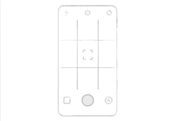Smartphone camera interface vector. Mobile phone screen viewfinder with grid and focus. Photo app display with shutter button and icons. Isolated illustration for mockup.
