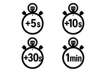 Fototapete - Stopwatch timer icon set for time intervals. Plus 5, 10, 30 seconds and 1 minute signs. Simple black vector illustration for sport, game UI or countdown.