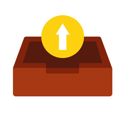 Poster - Abstract Upload Icon:  Simple Flat Design, Brown Box, Yellow Circle, White Arrow, Upward Movement.