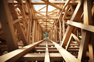 Poster - Complex wooden beams form a tunnel like structure, converging towards a bright opening revealing the sky