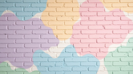 Poster - Colorful brick wall with pastel shades of pink, blue, yellow, and green, creating playful and vibrant atmosphere