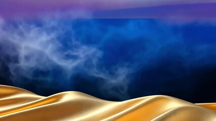 Poster - Golden waves of fabric with smooth texture create elegant and serene atmosphere, blending beautifully with deep blue background for luxurious experience.