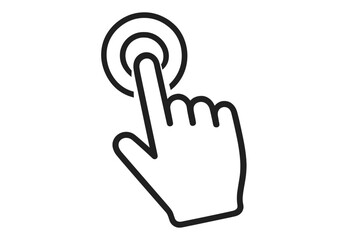 Poster - Hand pointer clicking push button icon outline. Touchscreen tap gesture vector illustration. UI click cursor. Line art hand press circle black stroke symbol for web and app design