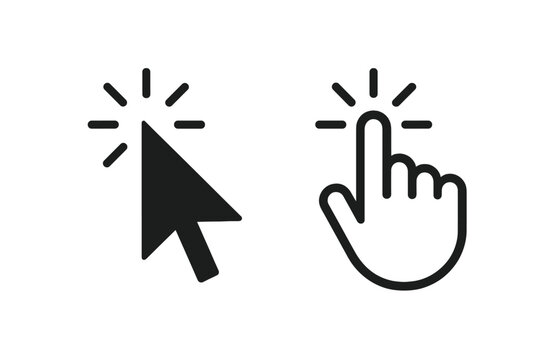 Click cursor icons set, black arrow pointer and hand tap symbol with click rays, flat web interface mouse click illustration, UI UX interaction, navigation sign, vector on white background